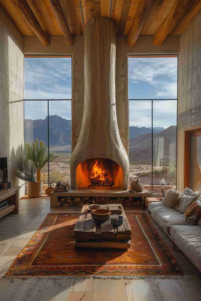 A cozy living room has a high clay fireplace with fire fire, large windows with a view of the mountain, wooden beams, a white sofa, a wooden coffee table and an orange carpet with geometric pattern.