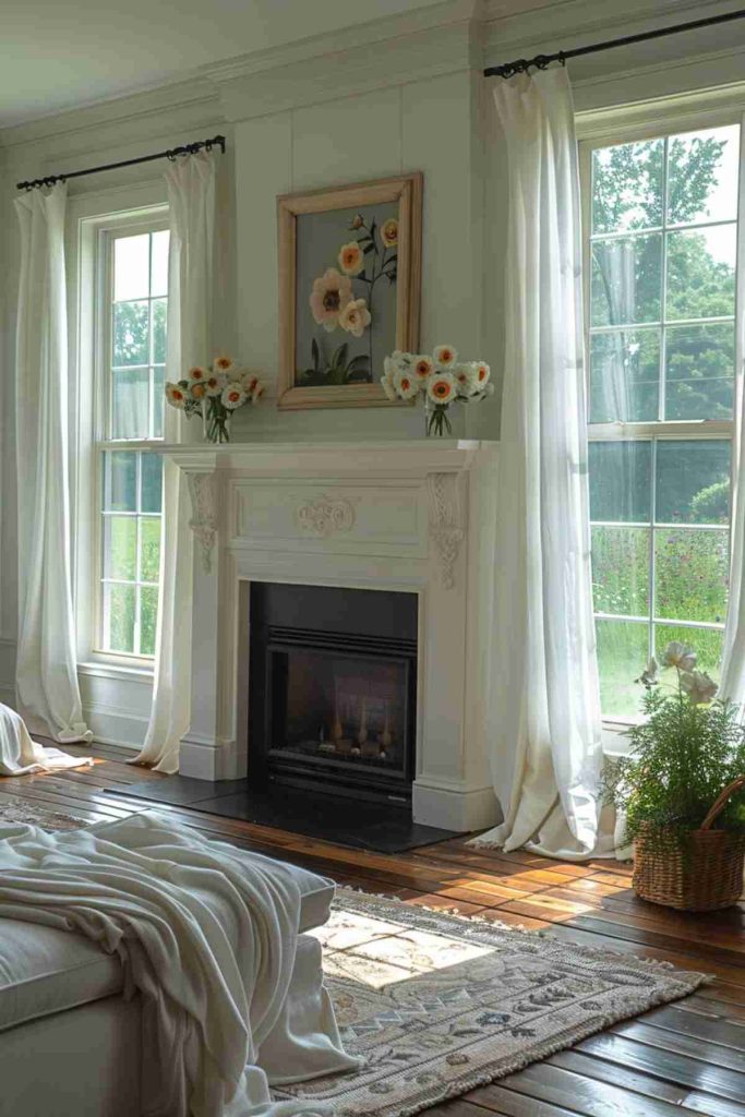 A bright living room with large windows, sheer curtains, a white fireplace, flower arrangements on the fireplace and a painting over it. Sunlight flows in and illuminates the hardwood floor and a soft carpet.