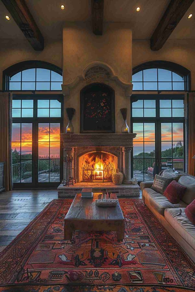 A cozy living room with fireplace, large windows that show a sunset view and a colorful carpet with a wooden coffee table. The room has wood strokes made of wood and comfortable seating.