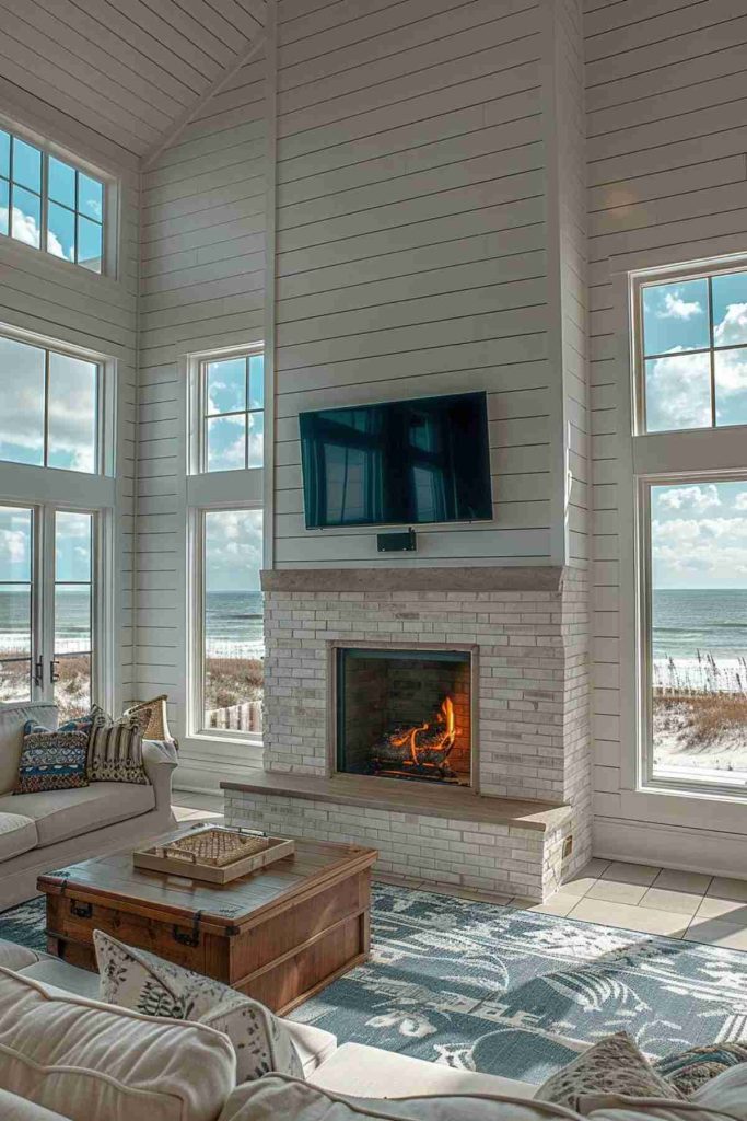 A cozy living room has a brick fireplace under a wall TV, large windows with a view of the sea, white, killed walls and a gray carpet. A coffee table and beige sofas surround the room.