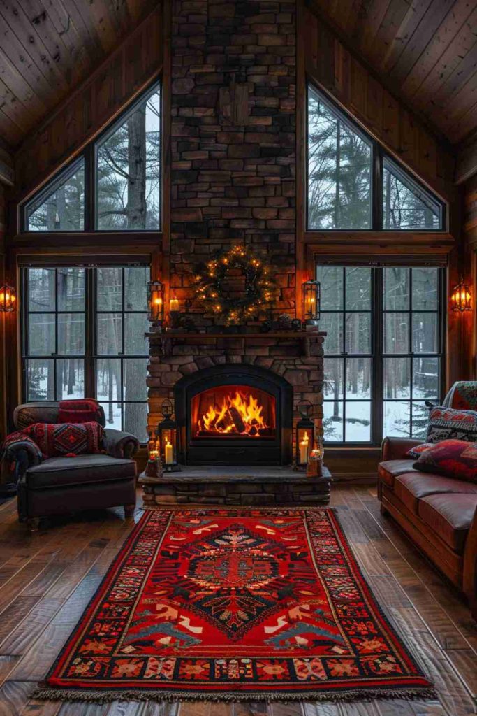 Cozy living room with a stone fireplace, large windows, illuminated candles and a red patterned carpet. Snow -covered trees are visible outside.