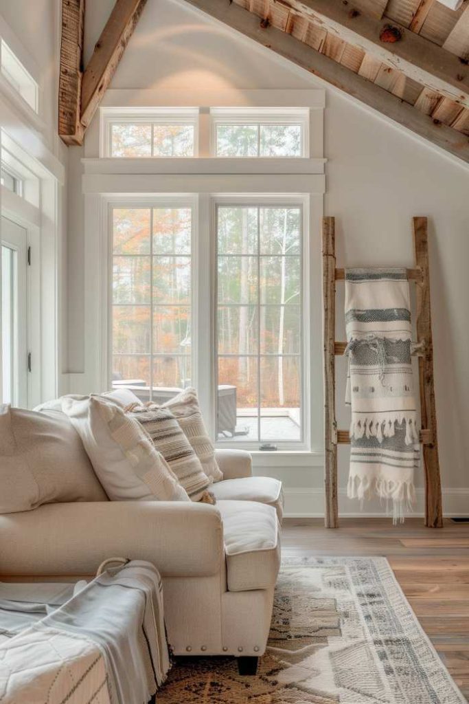 A cozy living room with a beige sofa with patterned pillows, large windows, exposed wooden beams and a decorative ladder with ceilings.