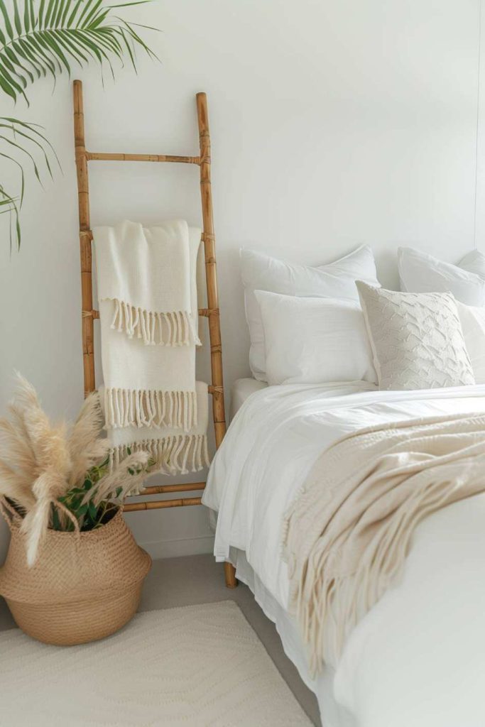 A cozy bedroom with a properly made bed, white bed linen and a beige. Next to the bed is a bamboo ladder with draped ceilings, on the floor there is a braided basket with a pampas grass.