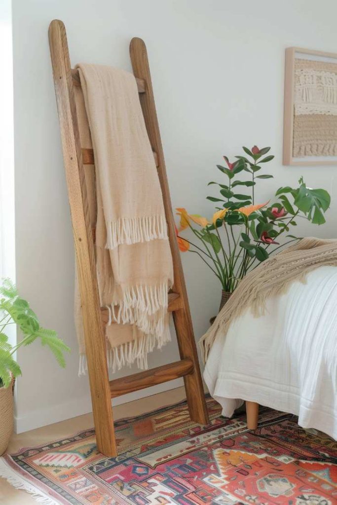 A wooden ladder with beige ceilings leans on a wall, next to it a bed with a beige. There is a plant between the ladder and the bed, there is a colorful carpet on the floor.