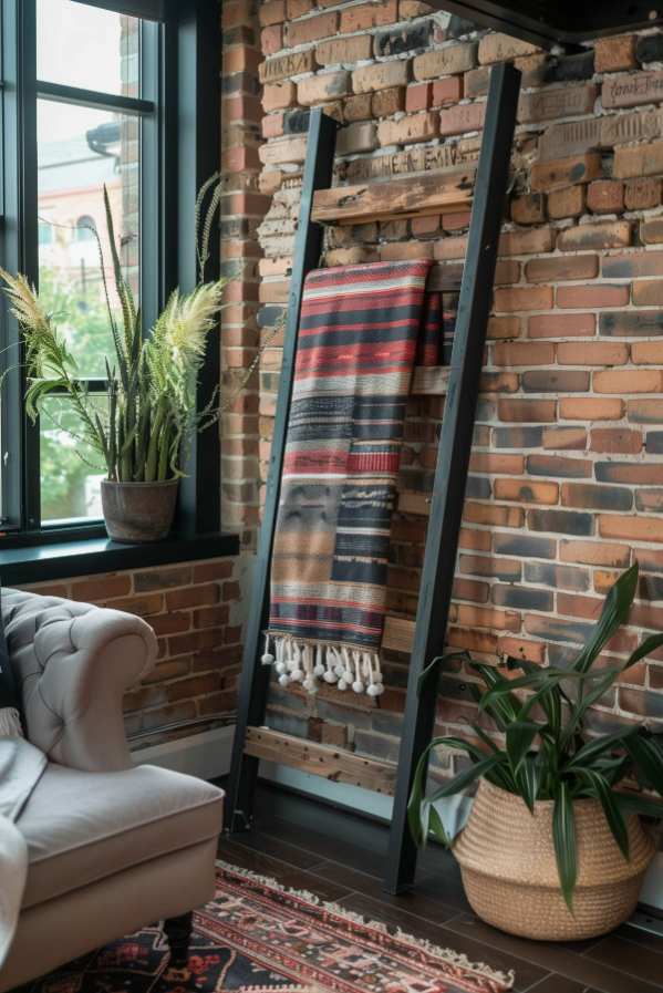 A rustic interior with a ceiling ladder on a brick wall that holds a patterned ceiling. Next to it a gray couch and a large basket with a green plant. There is a potted plant on the windowsill.