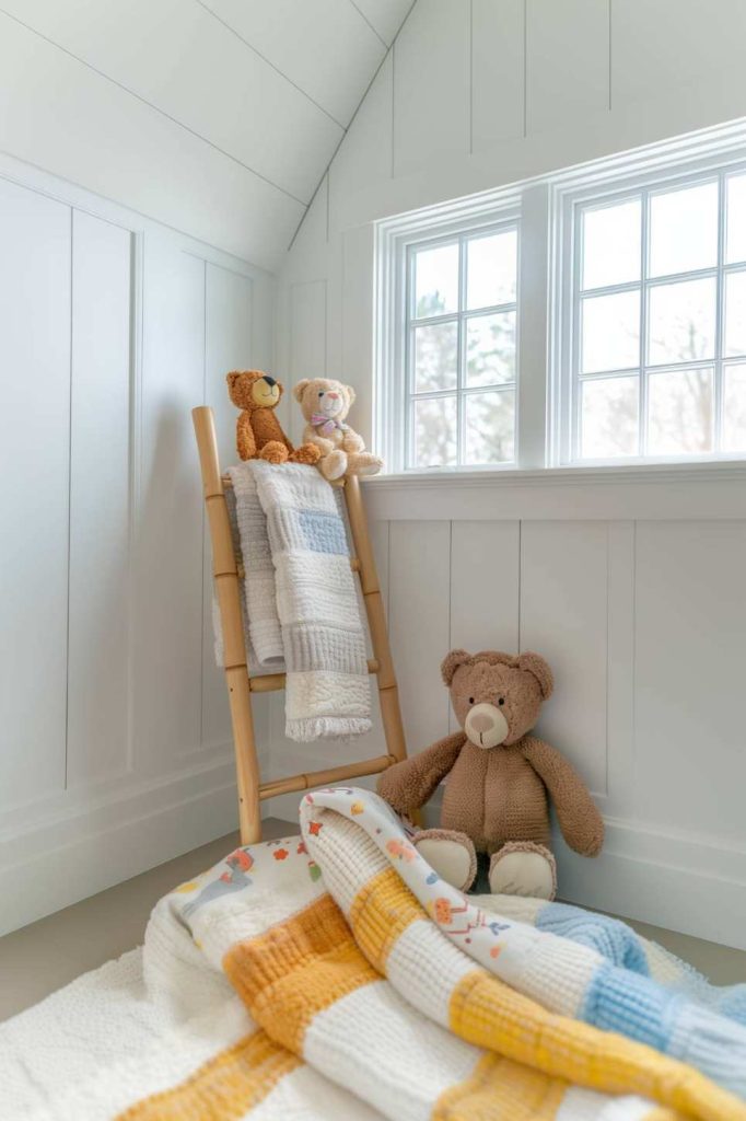 A cozy corner of a children's room with a teddy bear on the floor, two plush toys on a wooden ladder and a ceiling, some of which covers the floor, everything near a window.