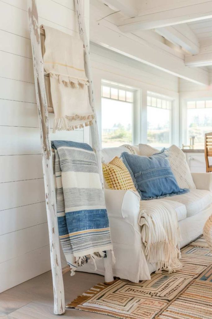 Cozy living room with white walls, a white couch with blue and beige pillows, a wooden ladder with ceilings and large windows that let out natural light.