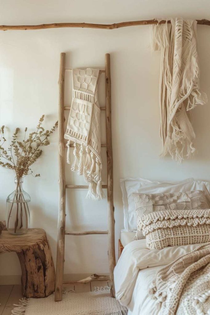 A rustic wooden ladder with a draped knitting blanket, next to it a vase with dry flowers, a bed with stacked knitting ceilings and a stool made of natural wood in a cozy, minimalist space.