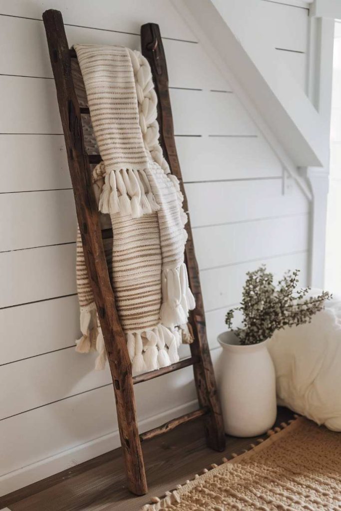 Wood ladder with decorative overturns draped above a white wall with step fold, next to it a white vase with green plants on a wooden floor.