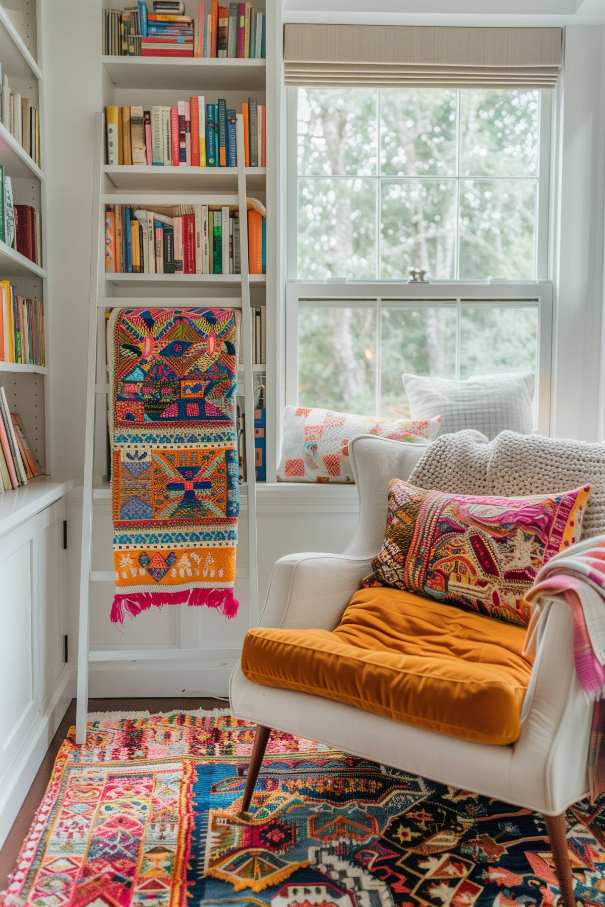 A cozy reading corner with a mustard -colored armchair, colorful pillow, a colorful carpet, built -in bookshelves and a window seat with pillows that show elaborate patterns and living colors.