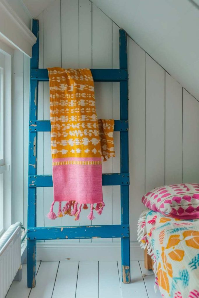 A blue wooden ladder leans on a white -paneled wall. A yellow-pink patterned ceiling is draped over the ladder. On the right you can see a colorful daily blanket and a pillow.