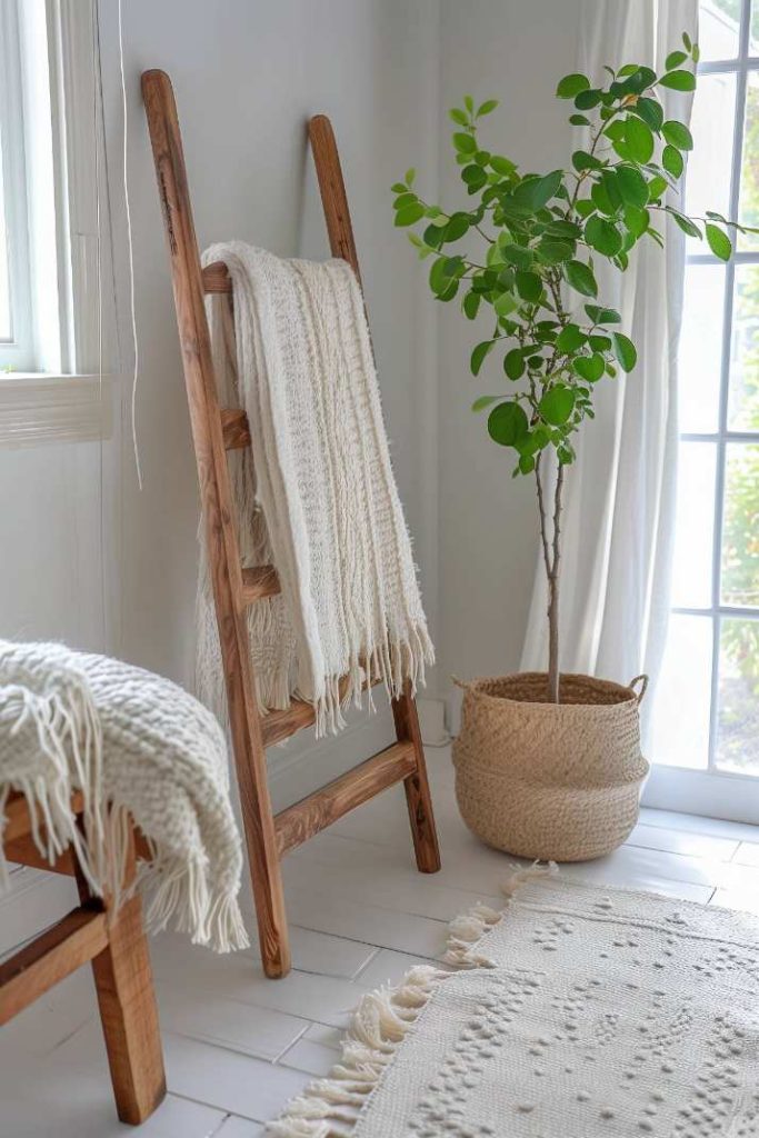 Next to a potted plant and a glass door is a wooden ladder with white ceilings. A white ceiling is also draped over a nearby wooden bench.