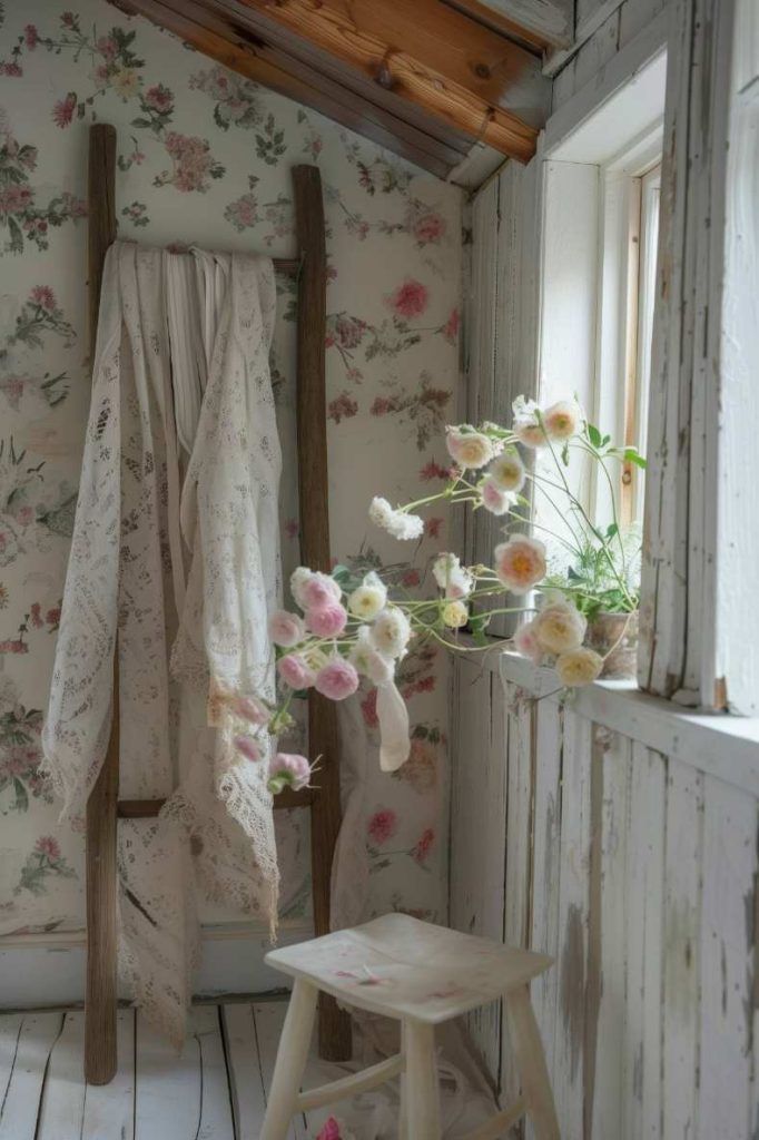 A wooden ladder with a draped top towel, a wooden stool and a window with pink and white flowers in a small, floral patterned room.