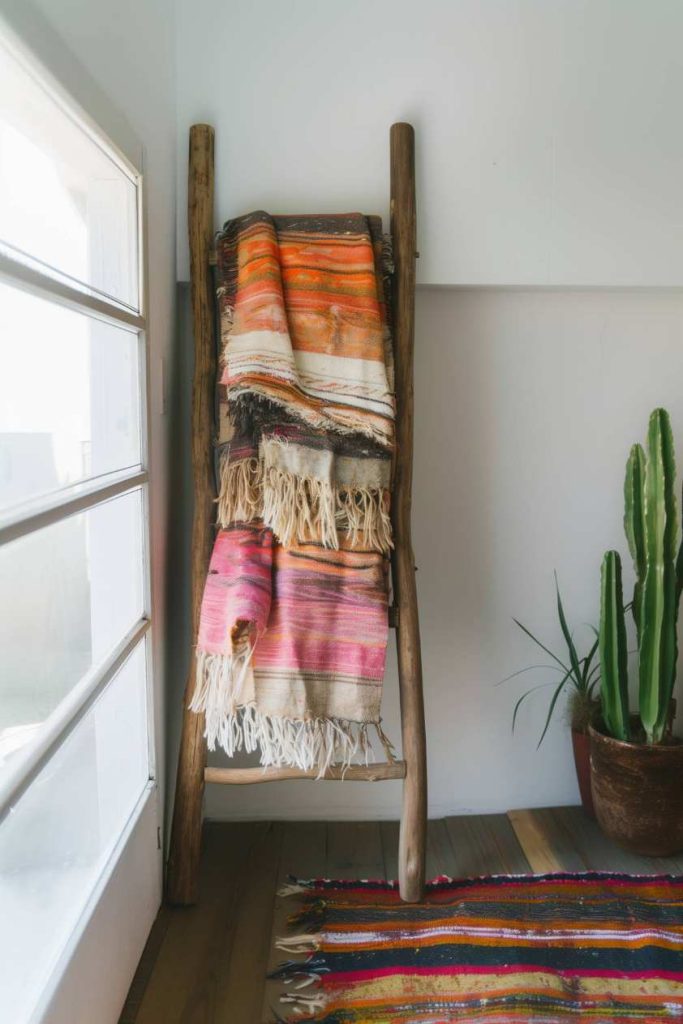 A wooden ladder leans on a wall and shows colorful ceilings. A cactus in a saucepan is placed on the floor next to it. The room is well lit and has a window with natural light.