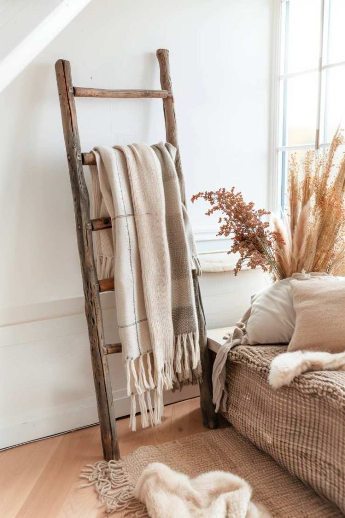 A rustic wooden ladder with folded ceilings leans on a white wall next to a window. The scene comprises a chair with beefed pillows and decorative dry flowers.