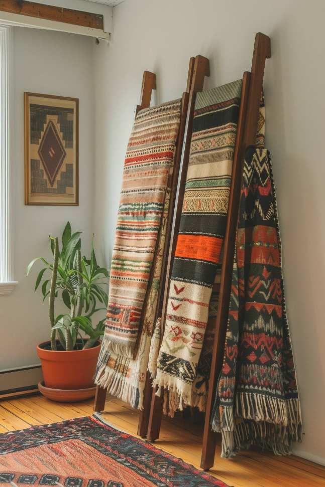 Three patterned ceilings hang on a wooden ladder in a well -lit room, next to it a framed work of art and a potted plant.