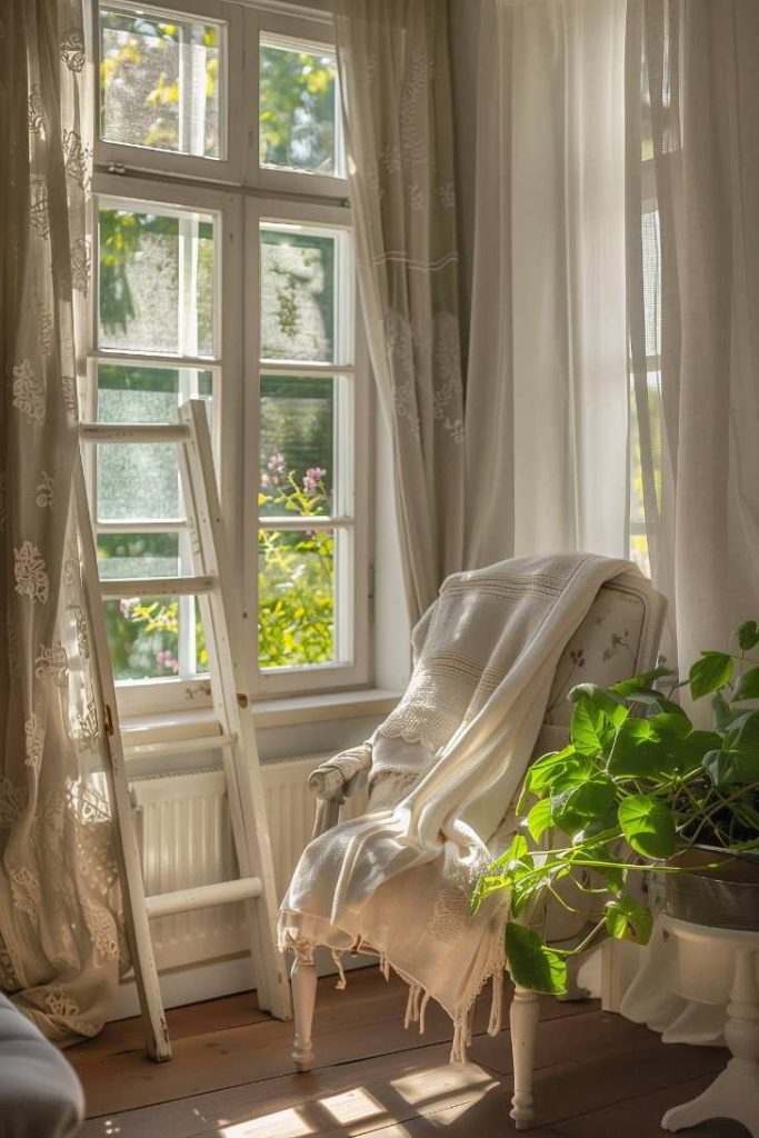 Sun -flooded room with a white armchair wrapped in a blanket, a ladder on the window and green plants. Light penetrates through transparent curtains and creates a calm and cozy atmosphere.