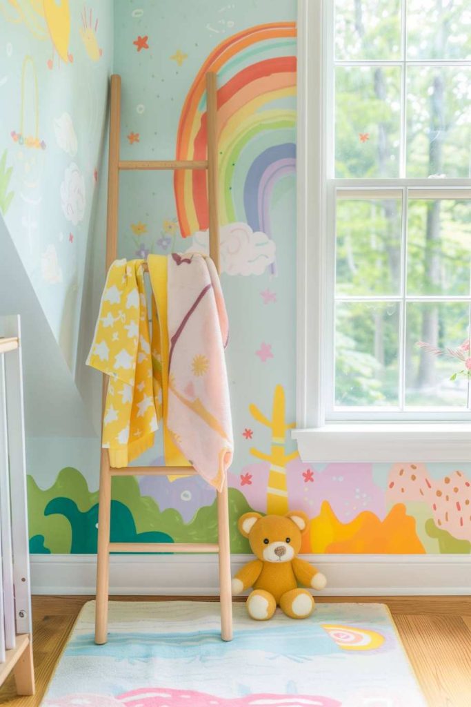 A children's room with a colorful rainbow wall picture, a wooden ladder with towels, a teddy bear on the floor and a window through which you can see the green outside.