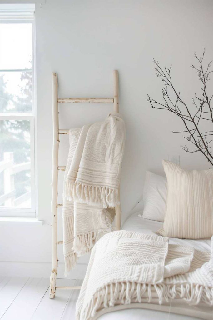 A minimalist bedroom has a white ceiling ladder with white ceilings next to a window and a bed with white pillows and blankets.