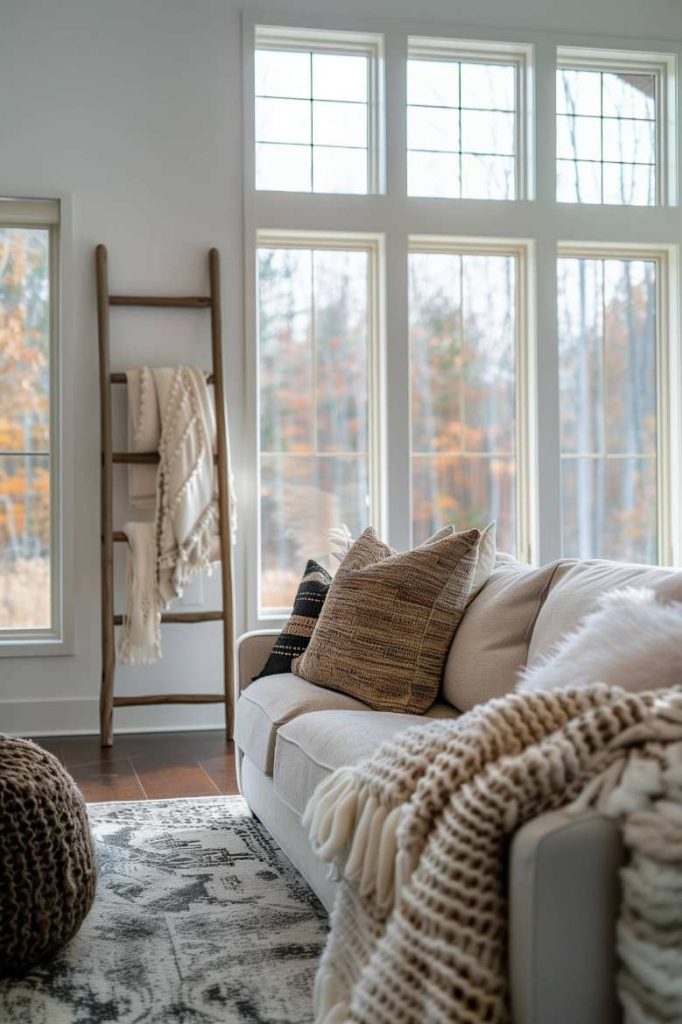 A cozy living room with a cream -colored sofa, which is covered with overturns and pillows, a ladder with ceilings and large windows that offer a look at autumn trees.