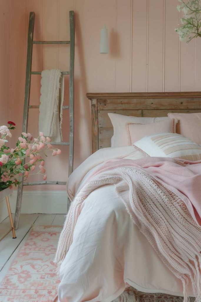 A cozy bedroom with pink walls, a <a href=