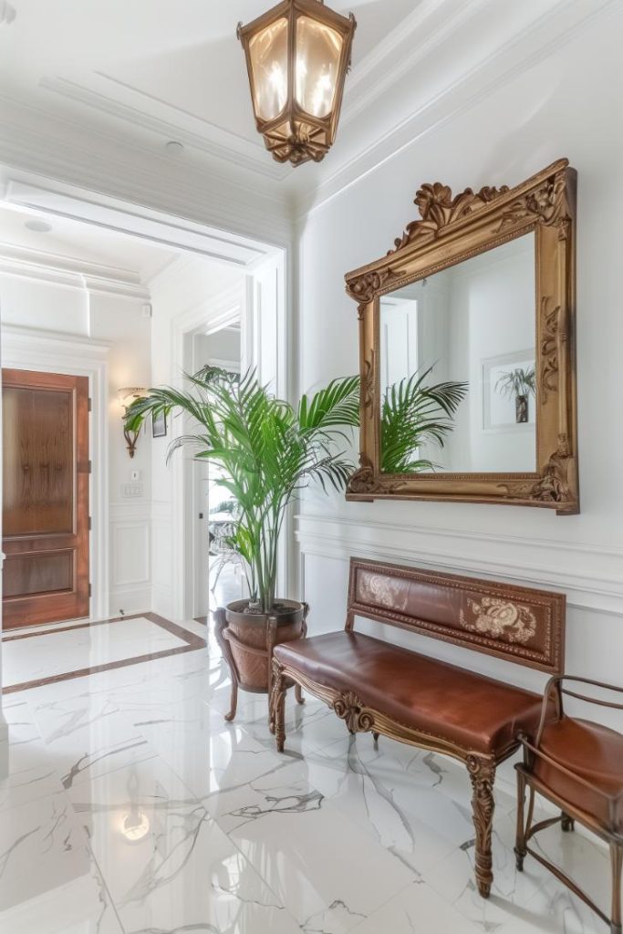 A beautiful mirror with an ornate frame reflects light and makes the entrance appear more spacious. Its decorative quality adds a touch of elegance.