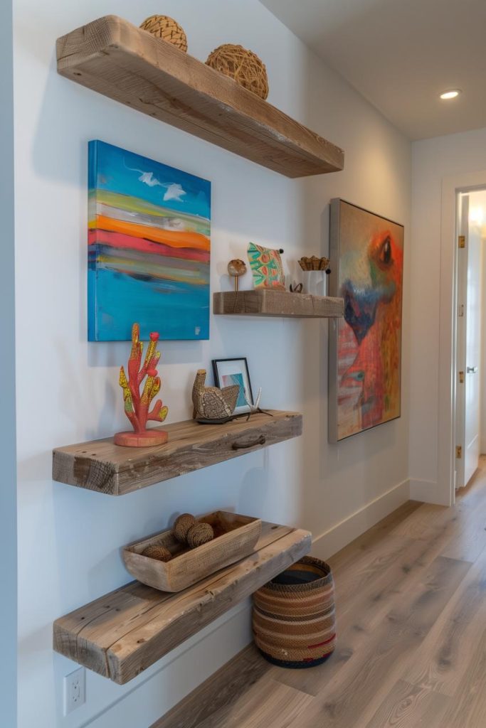 Floating shelves offer an airy look with vibrant artwork and unique decor that bring personality and beauty to a small entryway.