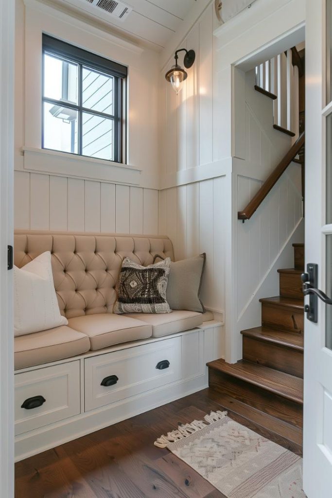 A cozy built-in bench with tufted cushions includes hidden storage underneath, combining function with style in this narrow entry hall nook. It's also a good place to sit when you first get home to remove and dry off your shoes and take a quick breather.