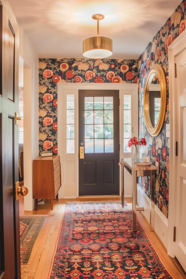 An accent wall covered in the bold wallpaper brings life and movement to a compact entryway and creates an <a href=