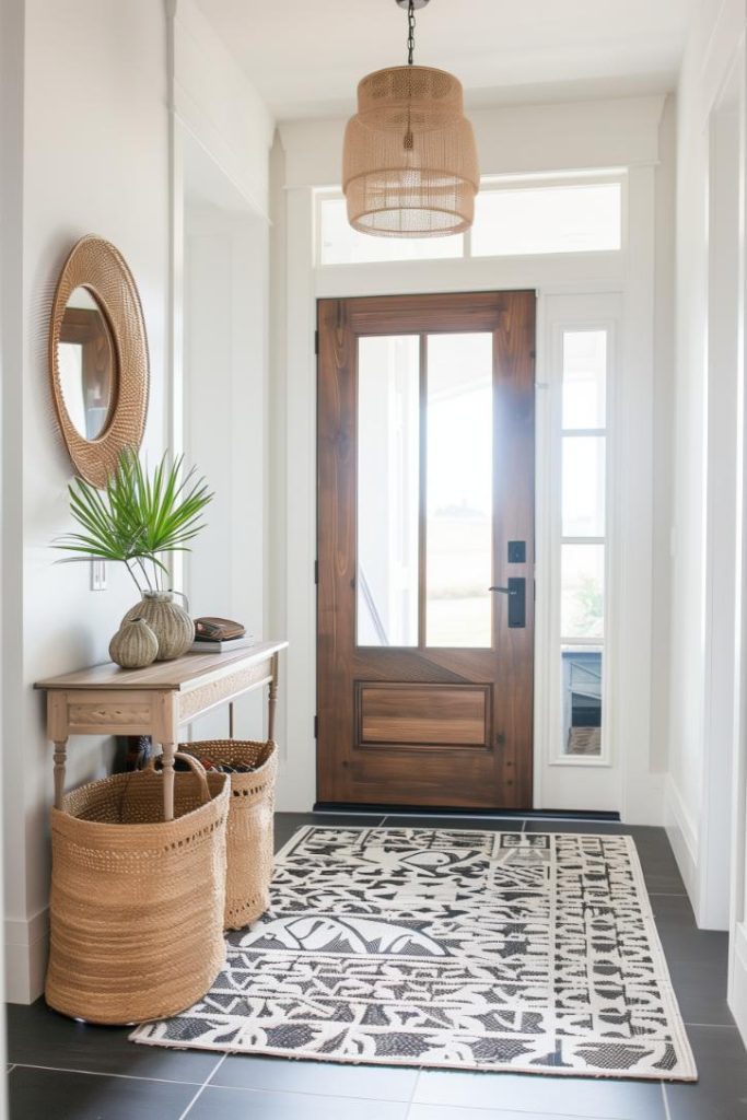 A black and white rug with distinctive patterns creates a sense of movement in a small entryway. Pair this with simple pieces like a minimalist console and jewelry trays for coins and keys.