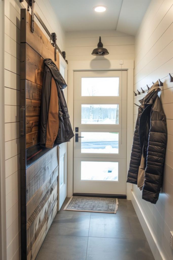 Incorporating an old barn door into a large wooden attrack, it offers a clever solution to keeping outerwear organized, whilst its size and unique design also make it a standout decorative piece.