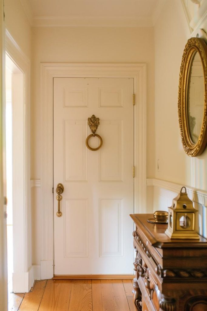 A bold gold vintage door knocker serves as both a functional piece and a statement accessory, greeting guests in style even before they enter the room. 