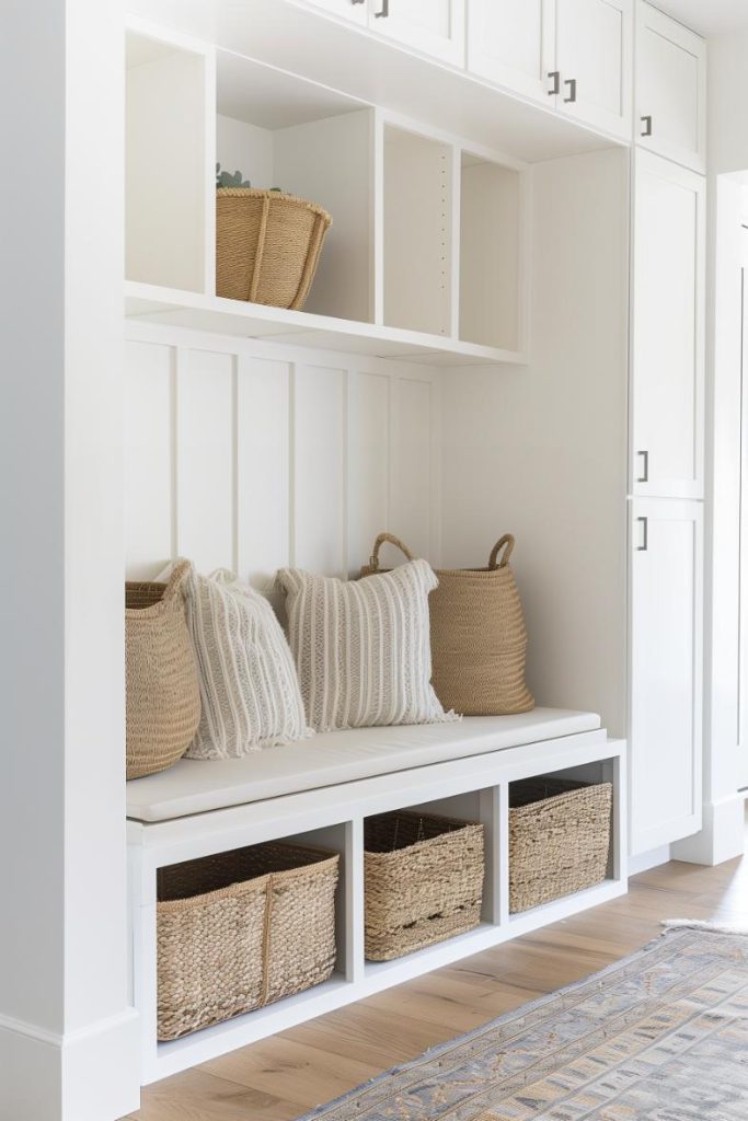 Woven baskets offer a stylish and tactile storage option that keeps space tidy and inviting. These sit in a thin white wooden bench with three partitions, creating a functional and handsome storage solution.