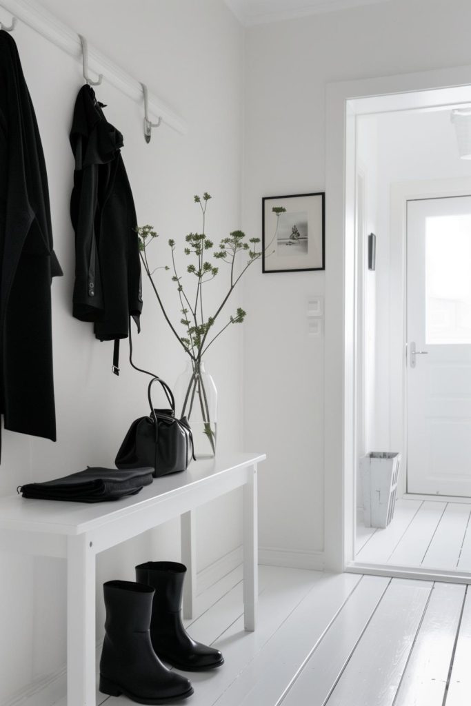 A calming monochrome palette exudes a minimalist and modern vibe, perfect for a streamlined entrance. Black and white are always a good choice for a sophisticated home.