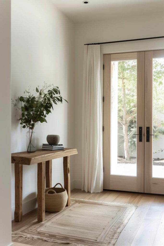 A wood console provides texture and an uncluttered surface in this Nordic-inspired small entryway. It is functional and ideal for narrow entrance spaces.