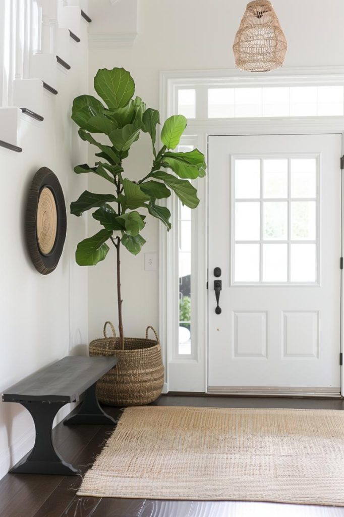 A large leaf statement plant adds life and an inviting atmosphere to the entryway. If you're not sure which plants, try a fiddleleaf fig or a palm tree in a beautiful statement planter.