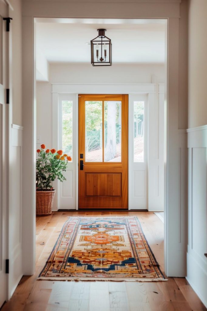 A statement carpet lies on the floor, its colors liven up the entrance and set a cheerful tone for welcoming residents and guests.