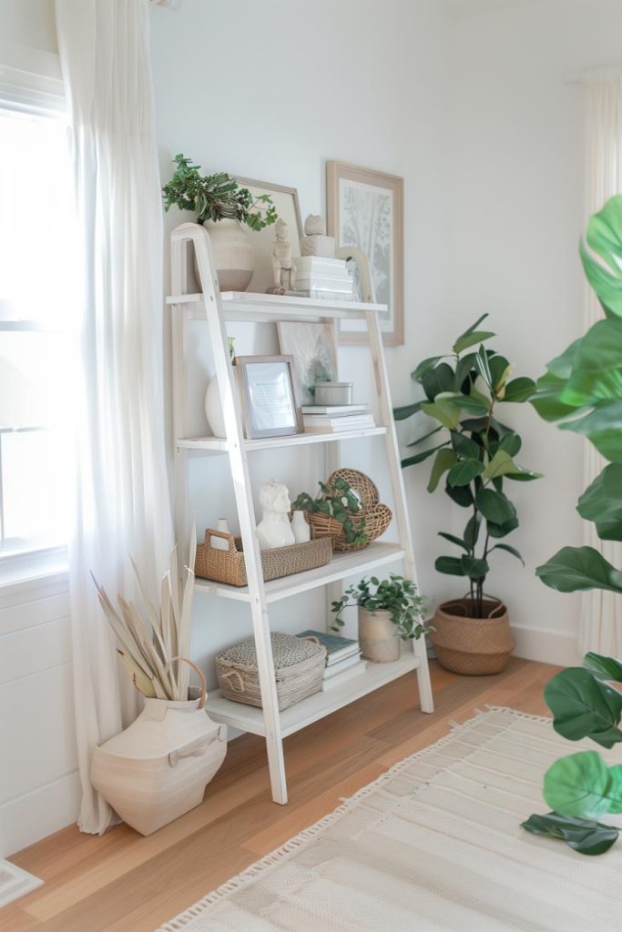 An eclectic selection of decor such as figurines, frames and more on a stylish ladder shelving unit adds character to a small entryway, with different styles existing harmoniously.