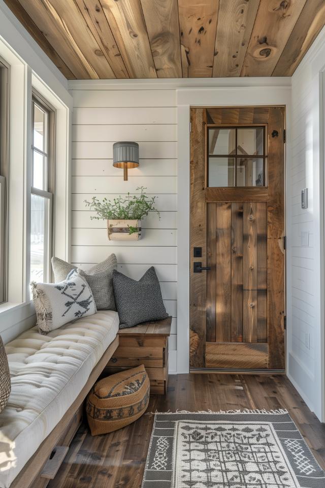 A rustic wooden bench pairs perfectly with plush cushions and provides a comfortable seat by the door that matches the farmhouse style of the home.