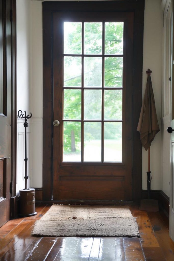 A vintage iron beatmeterback is placed in the corner by the door, adding old world charm and offering a <a href=