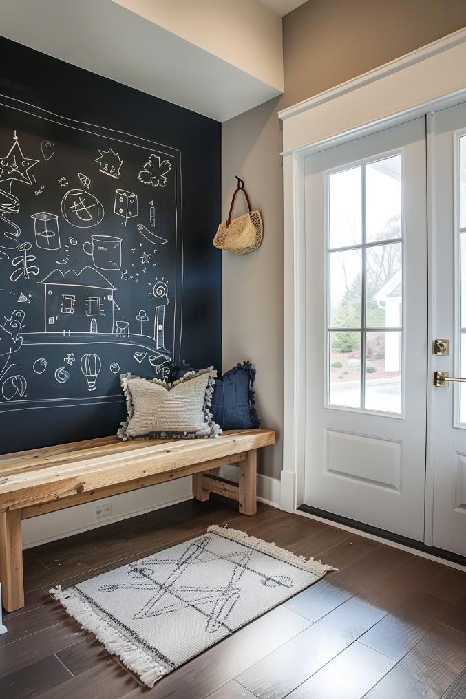 A chalkboard wall in a small entryway invites creativity and serves as a playful spot for artistic doodling family members.