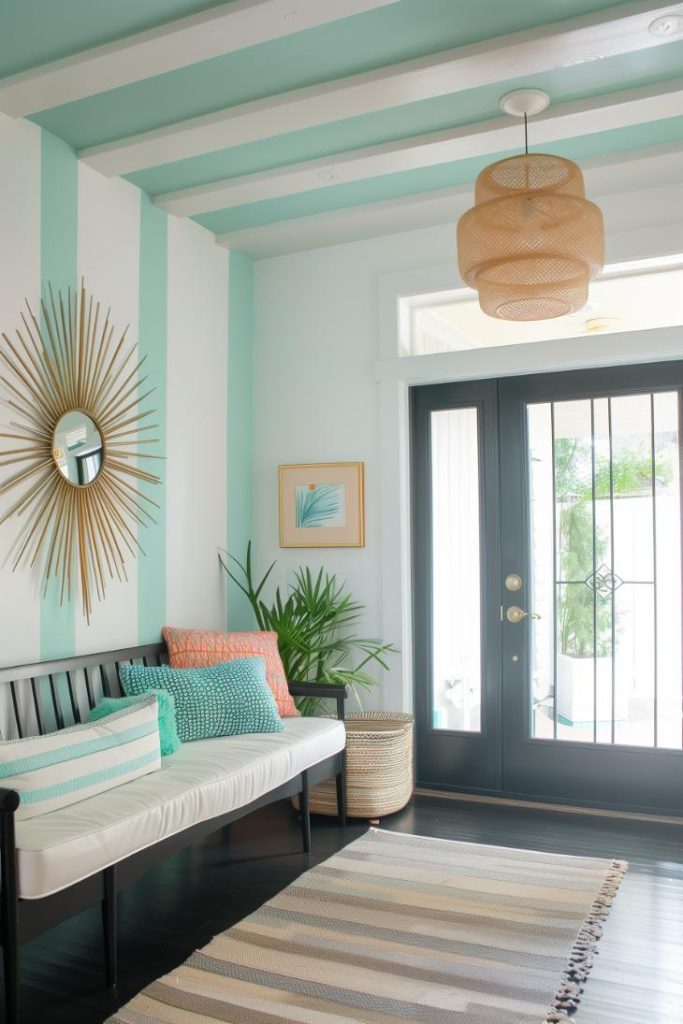 Vertical mint stripes on an accent wall draw the eye upward, creating the illusion of a larger space with a versatile and refreshing color.