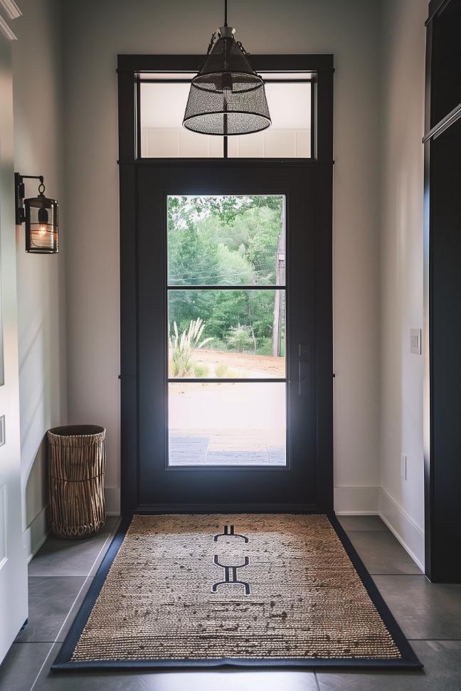 A woven welcome mat with unique designs in black lies in the front door, adding a personalized touch to the entrance and a lovely way to welcome guests into your home.