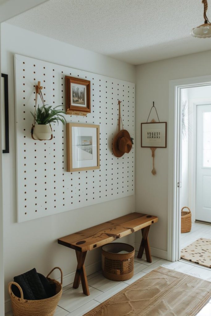 A customizable Pegboard wall system allows for versatile organization and display of starter grants and framed reminders.