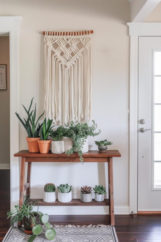 A bohemian macrame wall hanging adds texture and a free-spirited vibe to the entryway decor, pairing perfectly with an array of succulents and cactus roses on the thin entryway console.