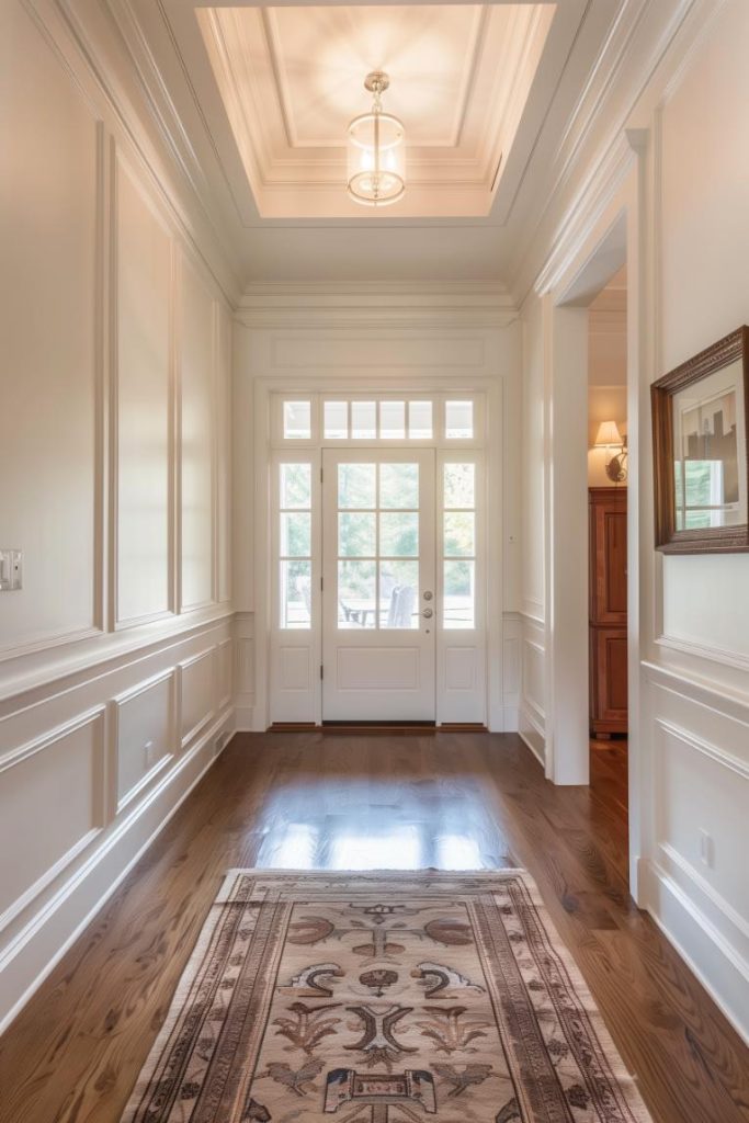 Classic wainscoting on the white wall paired with opulent frames conveys a feeling of traditional elegance in the entrance of this beautiful and classic home.