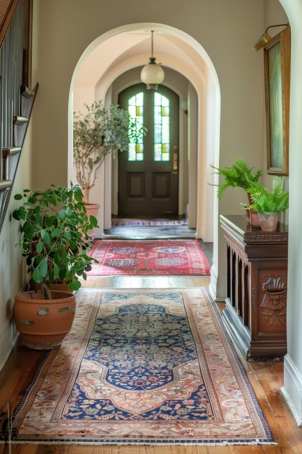 Pretty antique Persian runner rugs stretch across the floor, adding rich colors and intricate patterns to your entryway space.