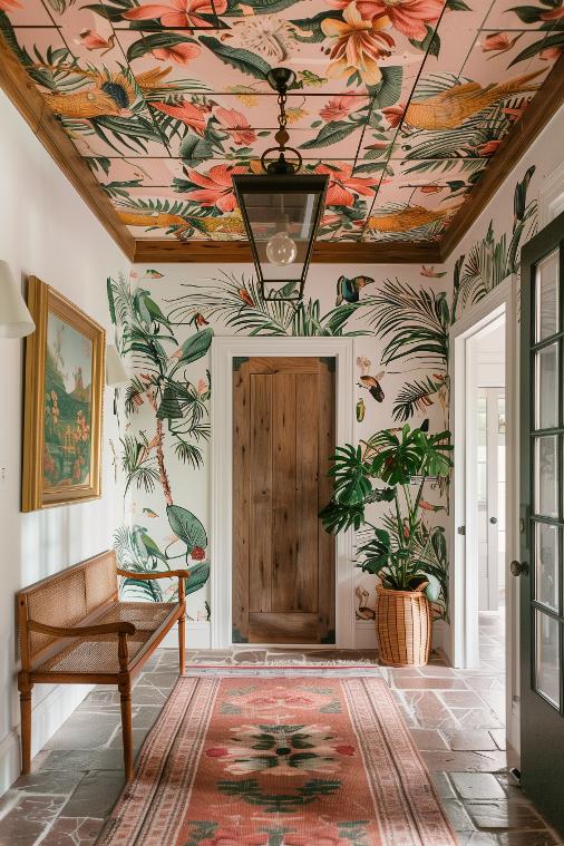 Whimsical wallpaper with tropical flowers and plants adds playfulness and imaginative flair to the room and serves as a beautiful decorative element in the entrance of this home.