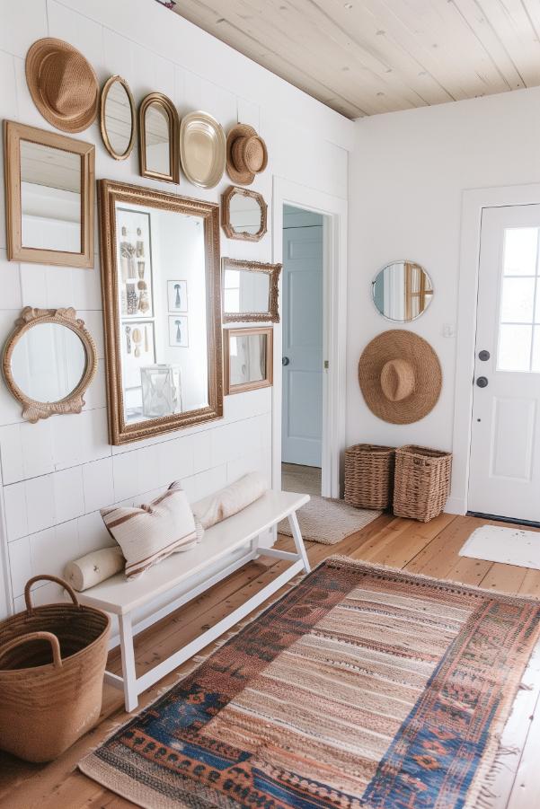 A series of vintage mirrors in different shapes and sizes reflect the charm in a minimalist entrance. Combine them with hats for a whimsical wall display.