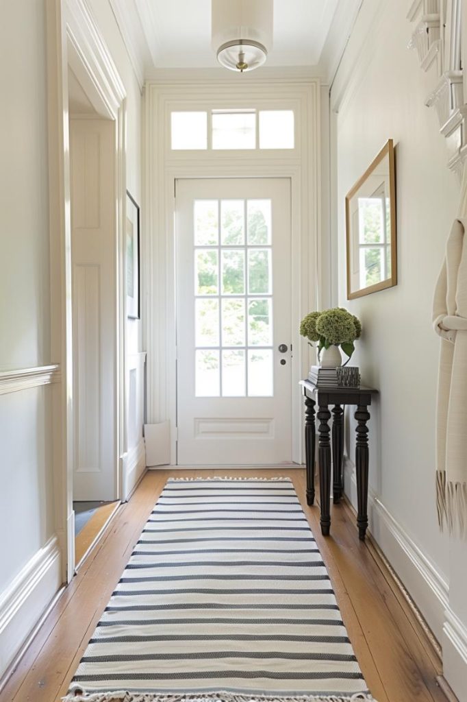 A bold striped floor runner leads the way through the entrance and short hall, adding depth and a dynamic element to enjoy the moment you enter the home.